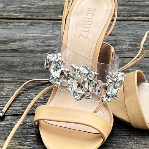 SCHUTZ Crystal Rhinestone Embellished Strappy Heels Nude Tan 6.5 - Picture 8 of 14